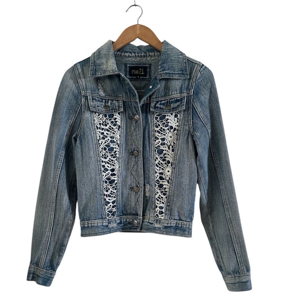rue21 Jean Jacket, Blue Denim Button Up Collar, Crochet, Distressed, Size Small,